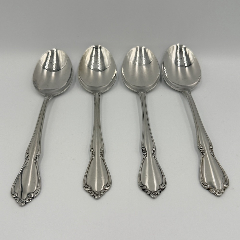 Oneidacraft Chateau Set of 4 Oval Soup Spoons 6.75 Stainless Flatware Floral
